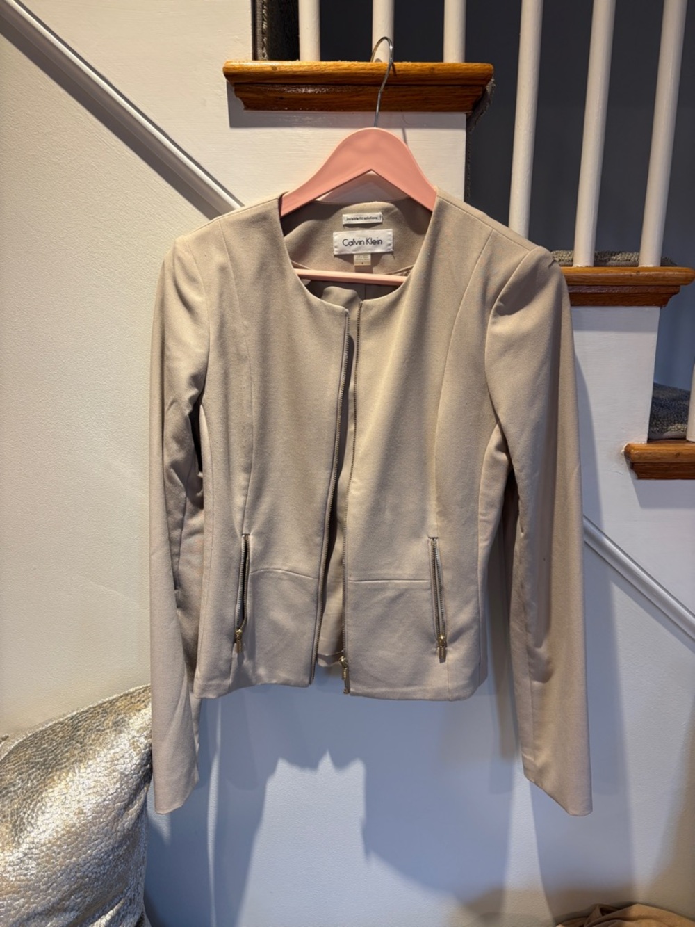 Calvin Klein Women's Cream Collarless Zip-Front Jacket